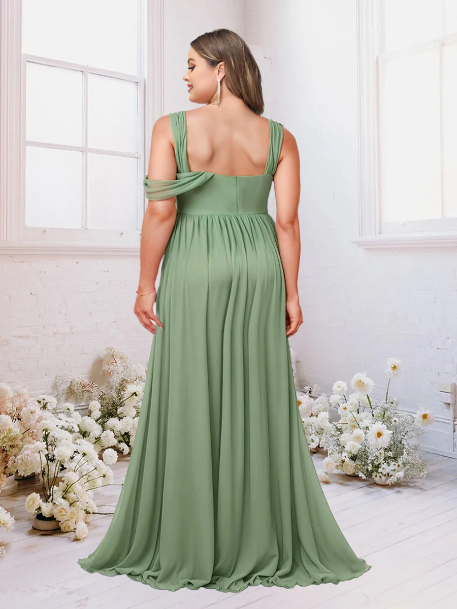 Robe de Demoiselled'Honneur Grande Taille, Coupe Trapèze/Princesse, Longueur au Sol, en Mousseline Froncée avec Fente Latérale – Image 3