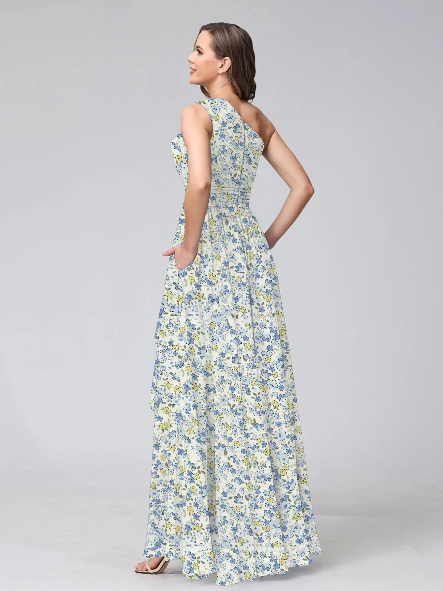 Robes de Demoiselled'Honneur Trapèze/Princesse Asymétriques Sans Manches à Volants et à Fleurs – Image 3